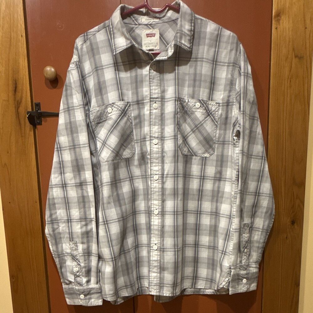 Levi Strauss Men's Long Sleeve Cotton Plaid Button Down Shirt Size L Grey/white